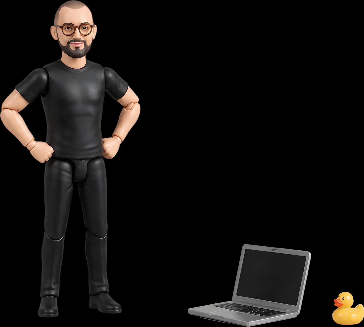 The figure, hands on hips, beside one laptop